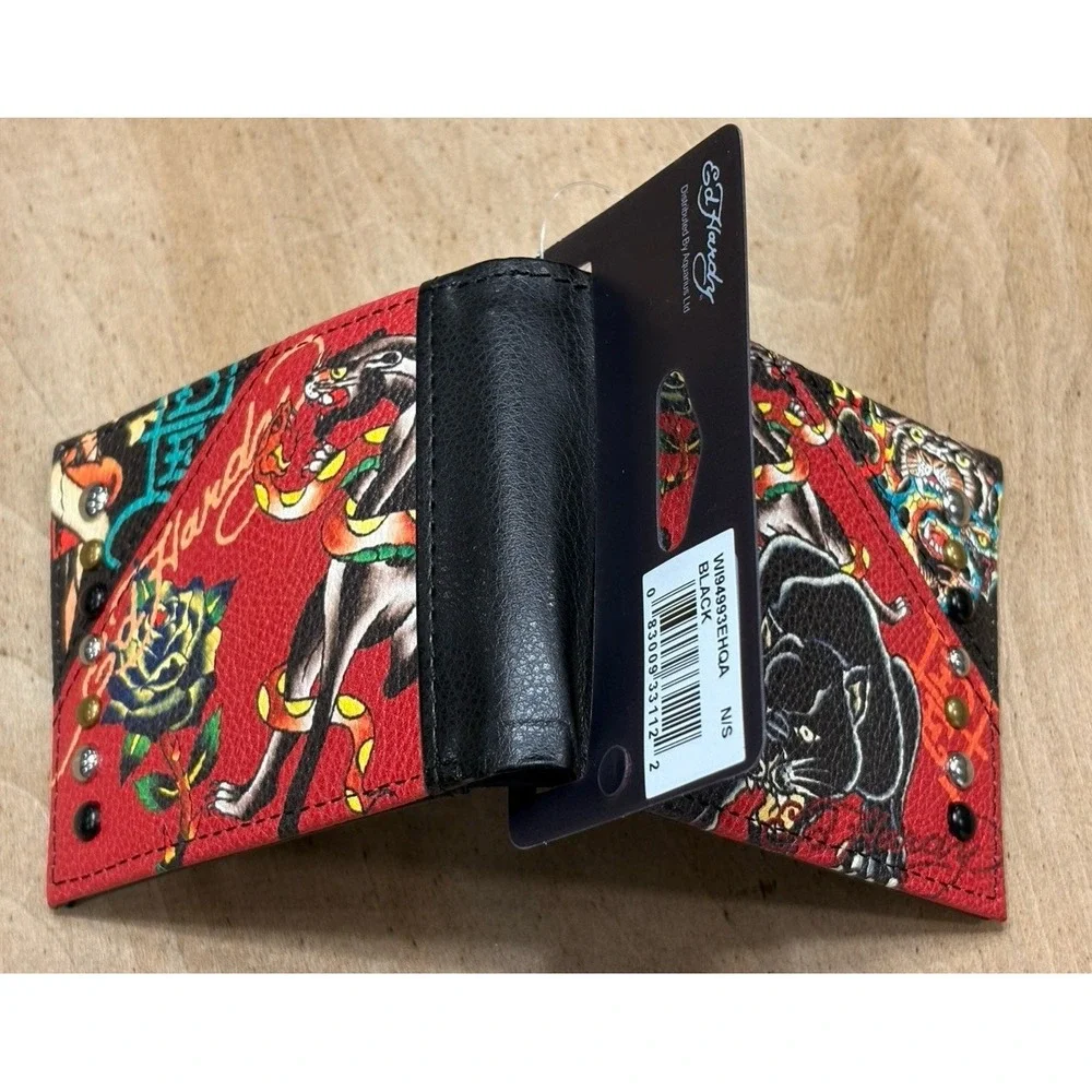 New Ed Hardy Men's Bifold Wallet Red Faux Leather Panther Dragon Heart Tattoo